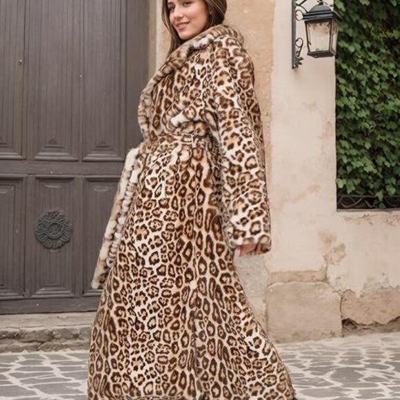 Luxury Women Leopard Faux Fur Overcoat Warm Jacket with Pockets - Picture 7 of 7